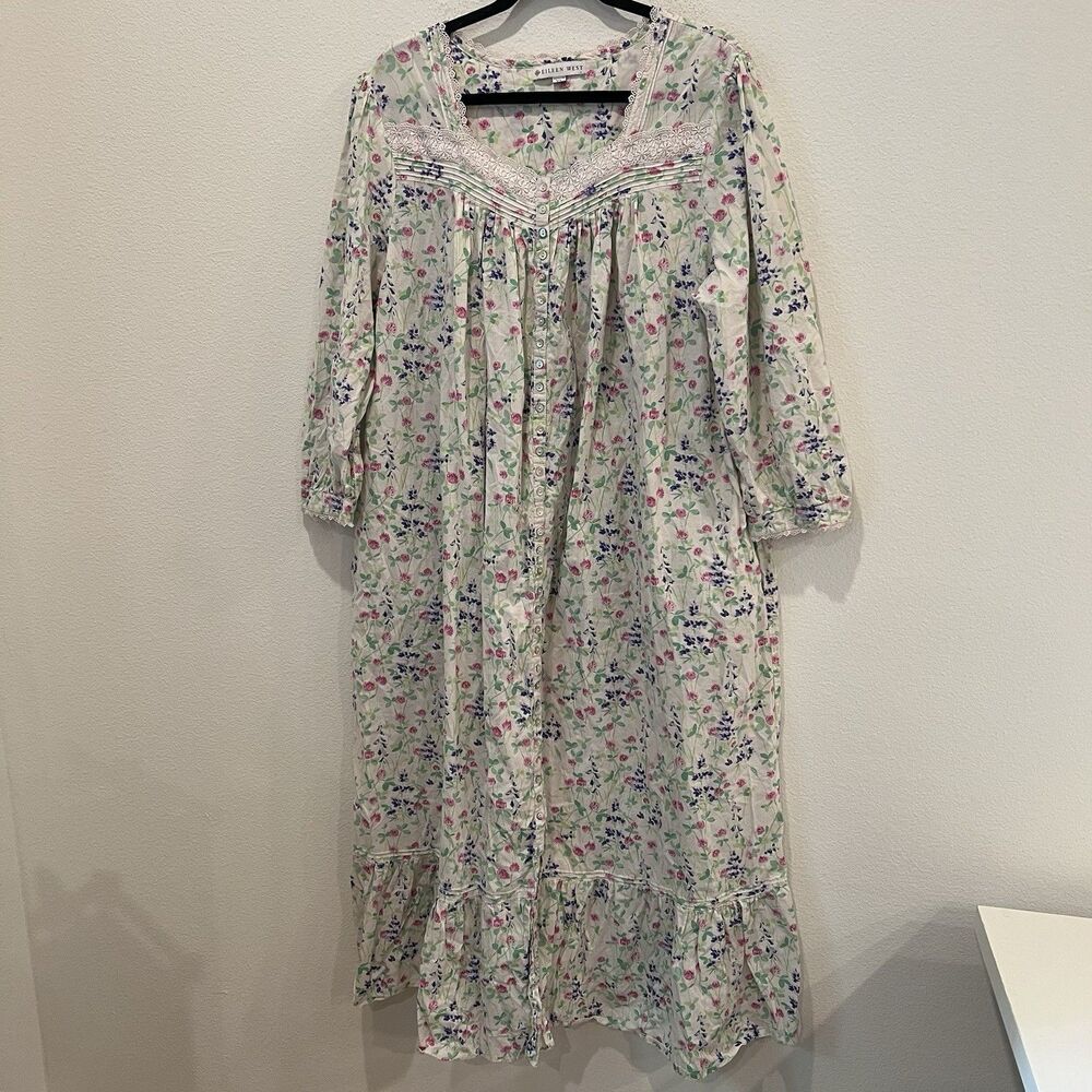 EILEEN WEST White/Multi Color Floral 100% COTTON KNIT Ruffled Hem Chemise XL